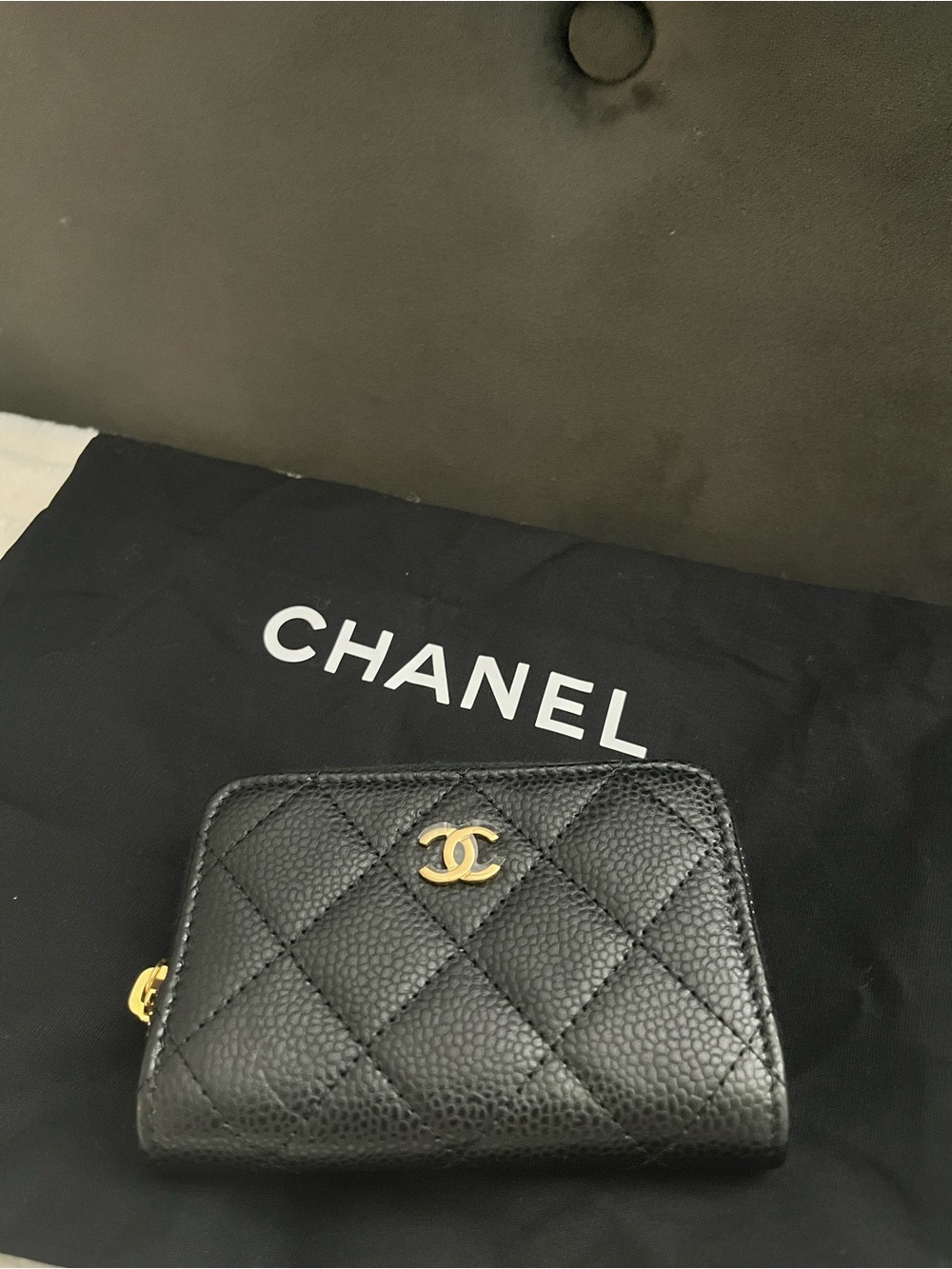 CHANEL Black Quilted Caviar Leather Zip Card Wallet with Gold CC